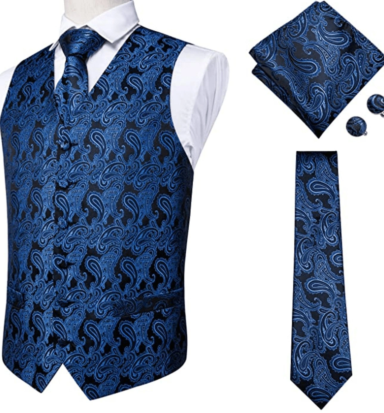 Traje de fiesta azul real: chaleco paisley, corbata, pañuelo y gemelos ¡elegancia garantizada!