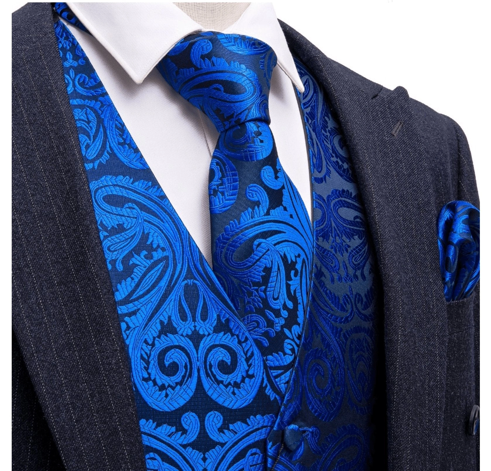 Conjunto de seda azul: chaleco, pañuelo, gemelos y corbata. Elegancia instantánea, MJ-2024.