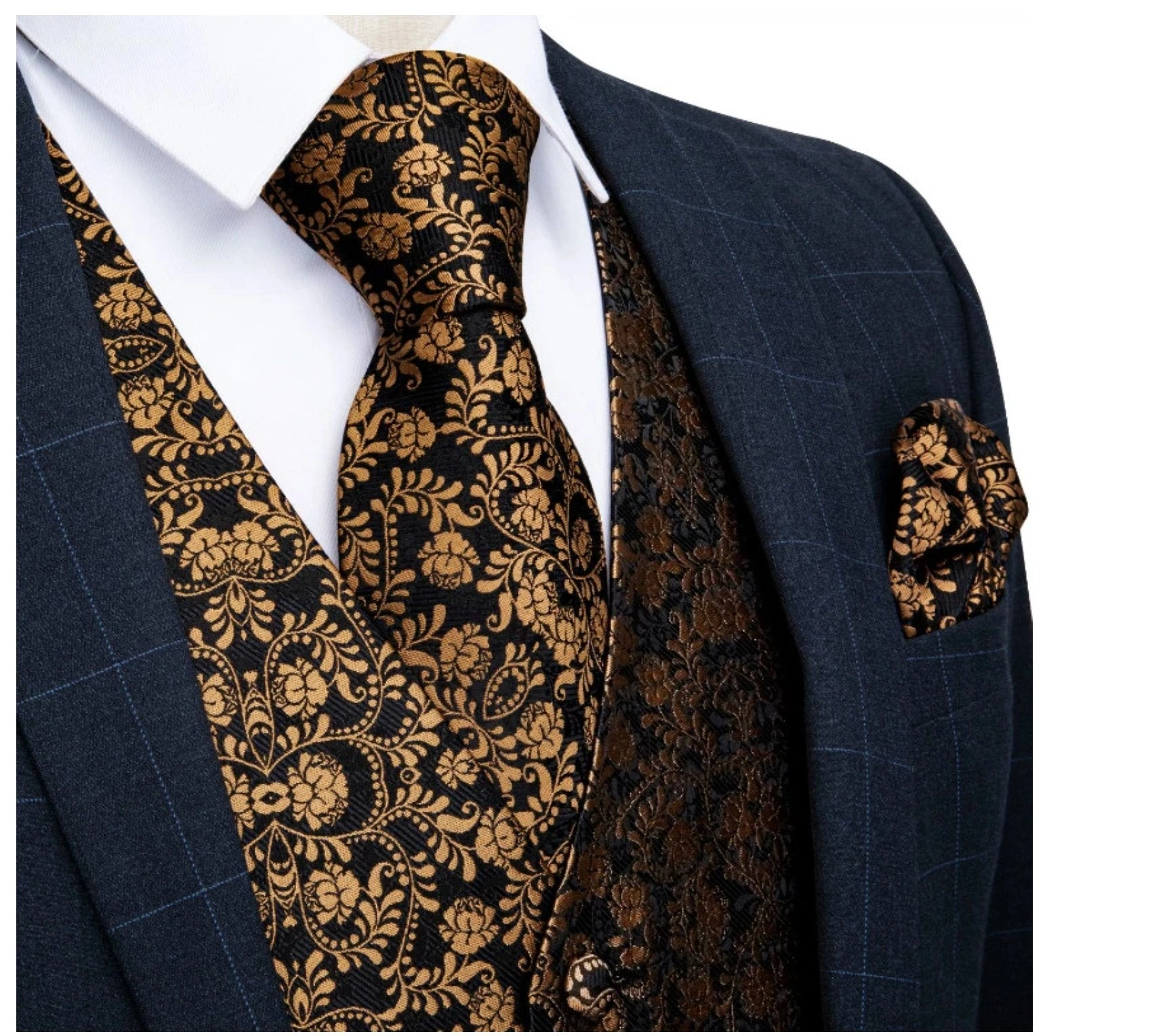Elegante Conjunto Floral Paisley Negro y Dorado: Chaleco, Corbata, Pañuelo y Gemelos - Estilo MJ-0126.