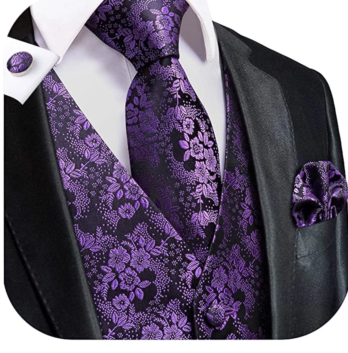 Conjunto Violeta Oscuro Elegante: Chaleco, Corbata, Pañuelo y Gemelos. ¡Estilo Impecable!