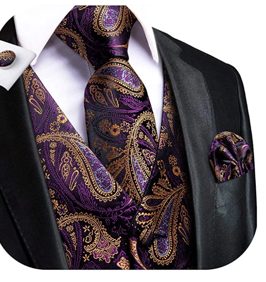 Conjunto Morado Paisley Elegante: Chaleco, Corbata, Pañuelo y Gemelos. ¡Estilo Único!