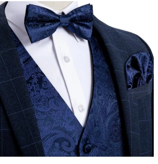 Conjunto Paisley Azul Elegante: Chaleco, Corbata, Pañuelo y Gemelos, MJ-0120. ¡Imprescindible!
