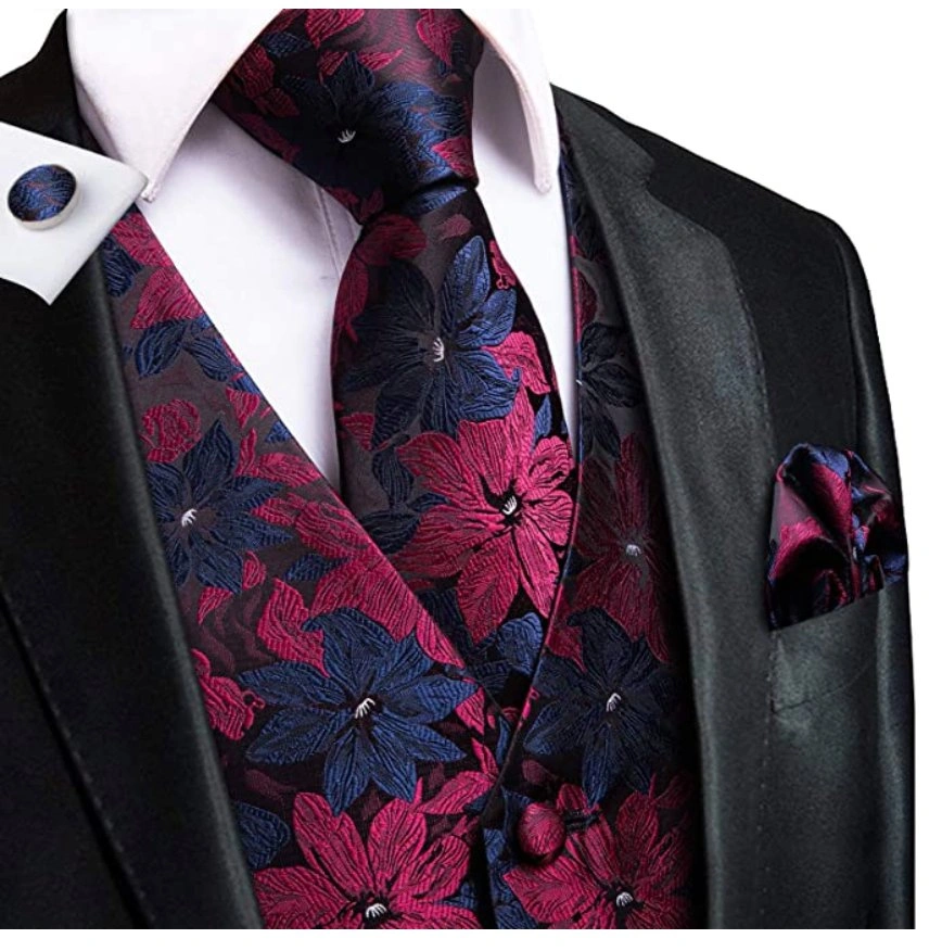 Conjunto Floral Azul/Rojo Elegancia: Chaleco, Corbata, Pañuelo y Gemelos. ¡Estilo Único!